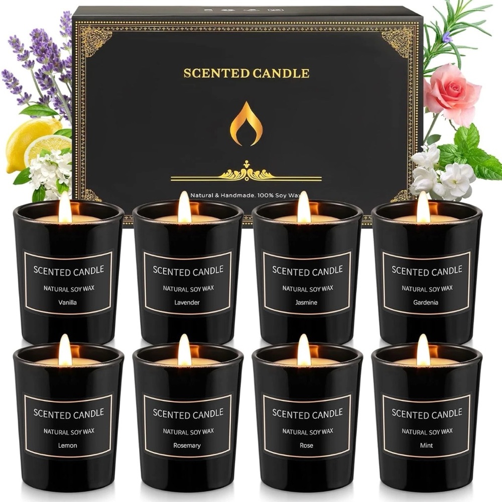 Set of 8 Black Scented Soy Candles.